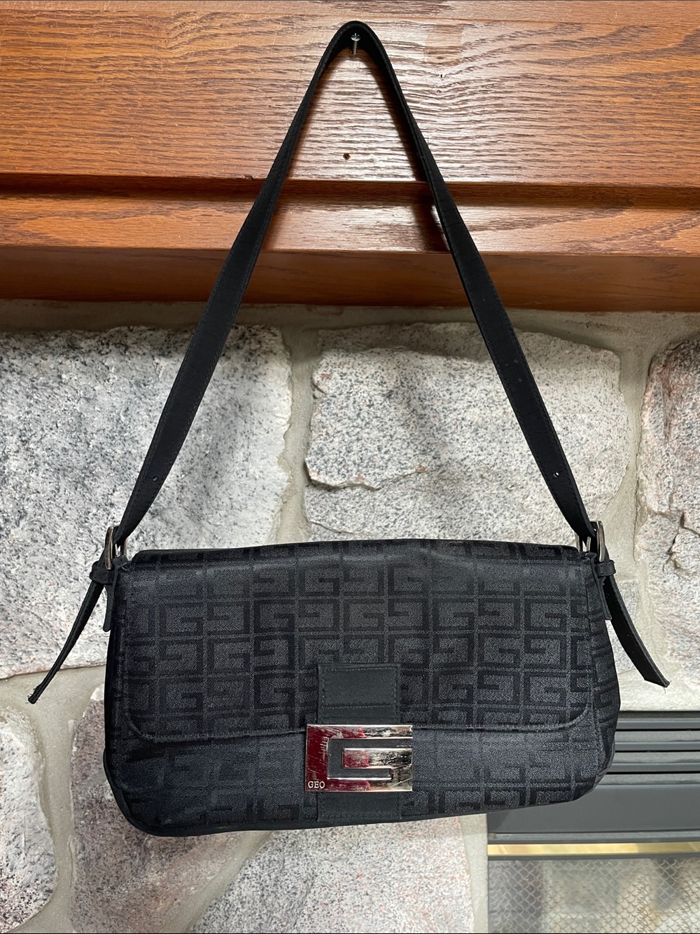 George Black Monogram Shoulder Bag with Metal Buckle